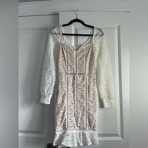 Revamped Lace Long Sleeve Dress in Cream/tan Size Small Bridal, Bridal Shower